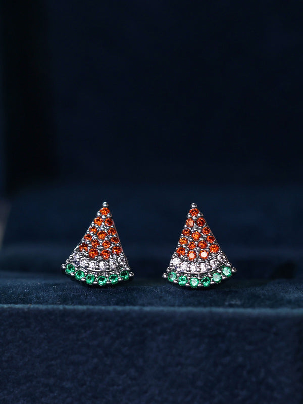 Silver-Tone Multicolor Crystal Pave Watermelon Slice Stud Earrings