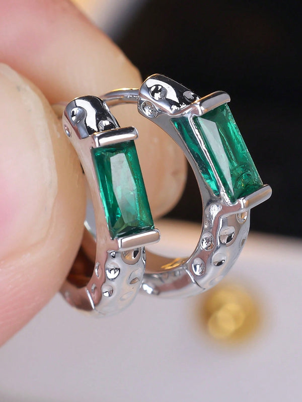 Silver-Tone Emerald-Green Baguette Crystal Hammered Huggie Earrings