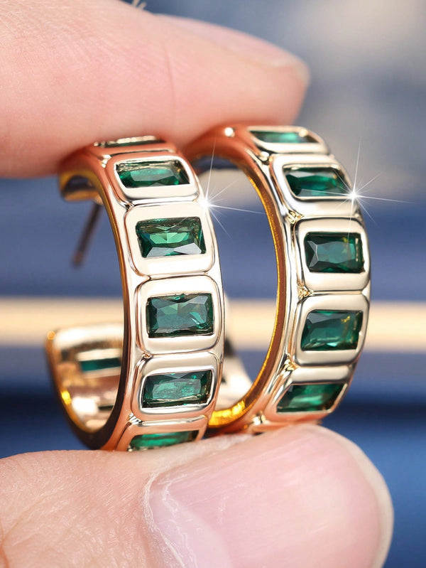 Gold-Tone Emerald-Green Baguette Crystal Half-Hoop Earrings