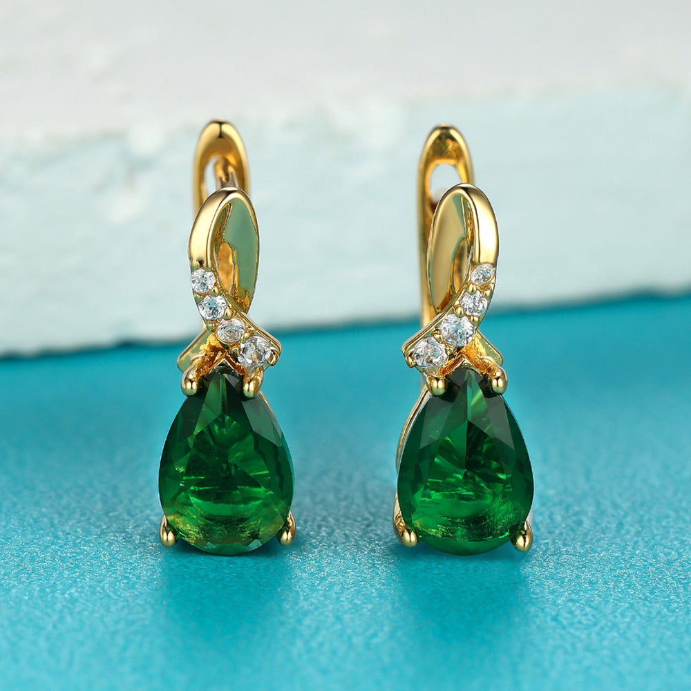 Gold-Tone Emerald-Green Teardrop Crystal Four-Prong Huggie Earrings