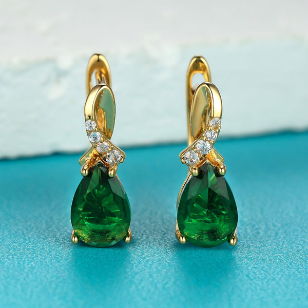 Gold-Tone Emerald-Green Teardrop Crystal Four-Prong Huggie Earrings