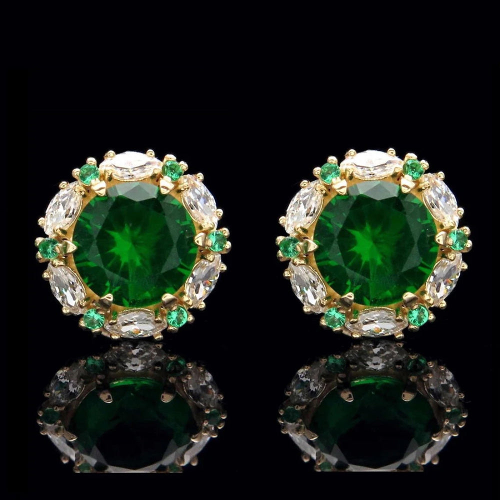 Gold-Tone Emerald-Green Round Crystal Halo Stud Earrings