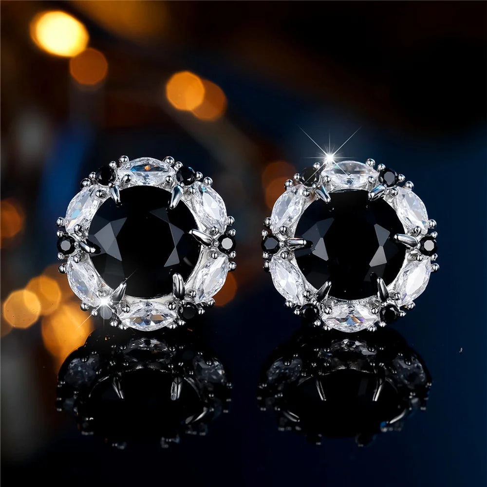 Silver-Tone All-Over Black Round Crystal Stud Earrings