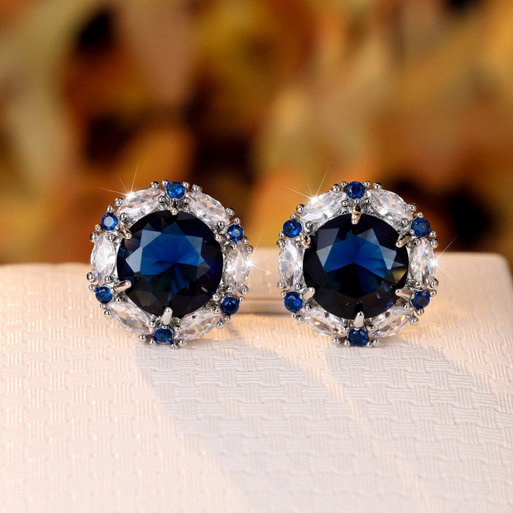 Silver-Tone Royal Blue Round Crystal Marquise Halo Stud Earrings