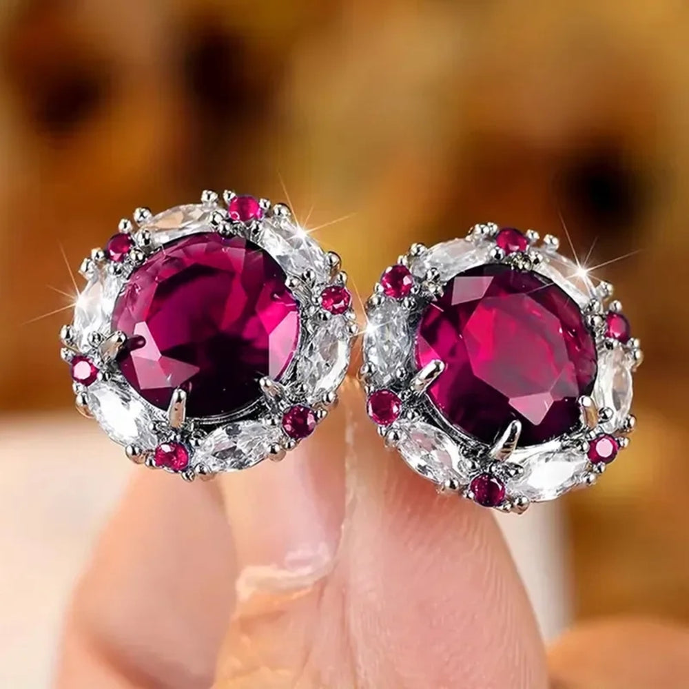 Silver-Tone Rose-Red Round Crystal Halo Stud Earrings