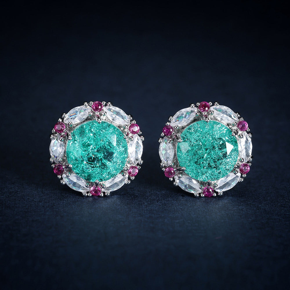 Silver-Tone Vintage-Style Green Round CZ Flower Stud Earrings