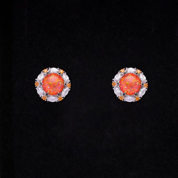 Silver-Tone Orange Simulated Opal Halo Stud Earrings With Marquise Crystals