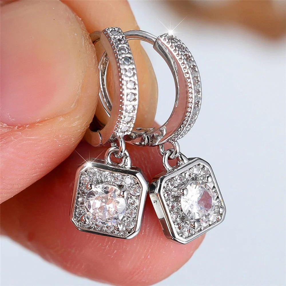 Silver-Tone White Square Crystal Huggie Earrings