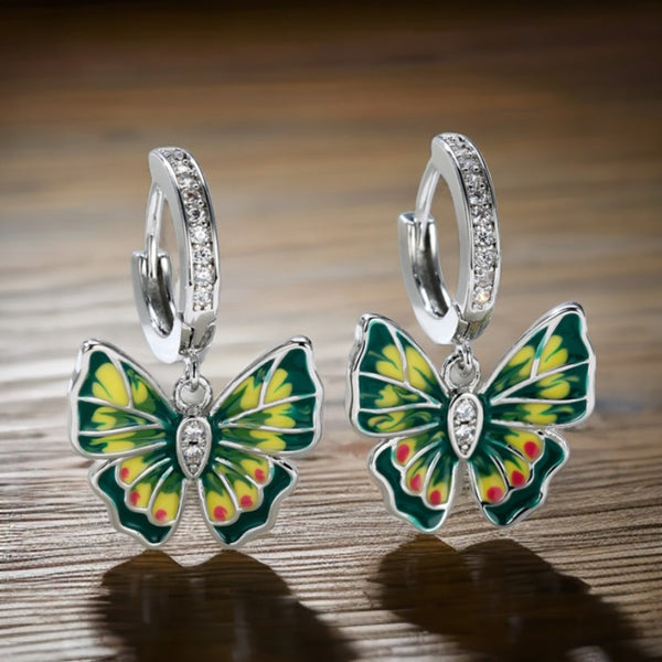 Silver-Tone Green & Yellow Enamel Butterfly Huggie Earrings