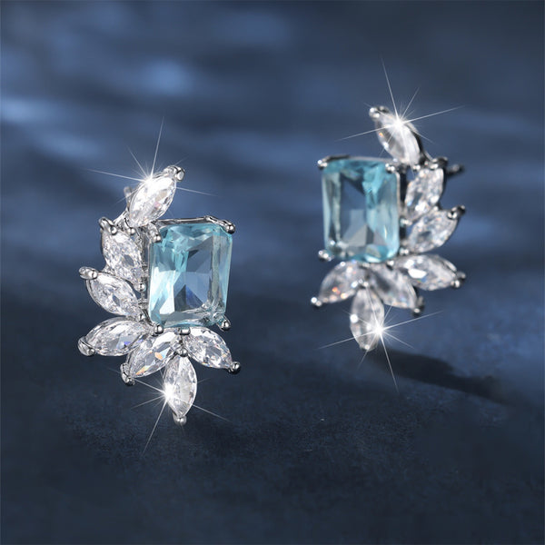 Silver-Tone Light Aqua Crystal & Marquise Leaf Spray Stud Earrings