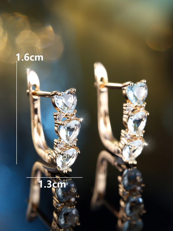 Champagne Gold-Tone Light Blue Triple Heart Crystal Huggie Earrings