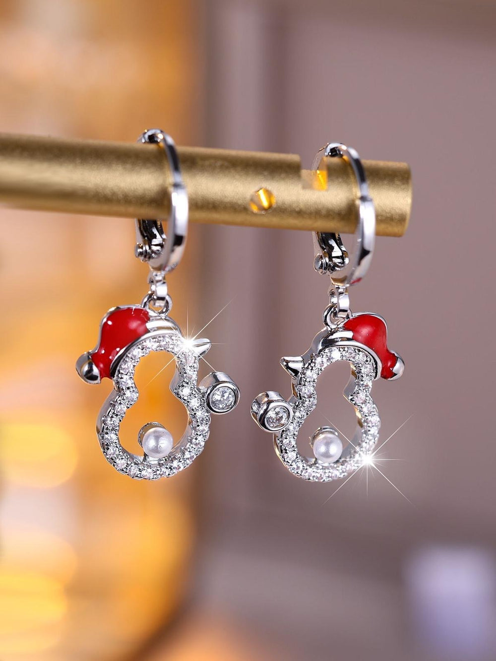 Silver-Tone White Round Crystal Hat Drop Earrings
