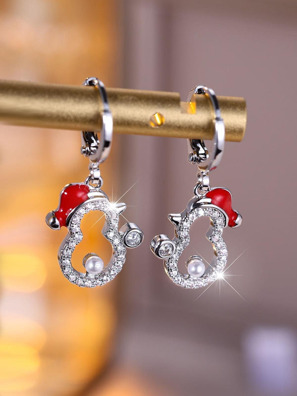 Silver-Tone White Round Crystal Hat Drop Earrings