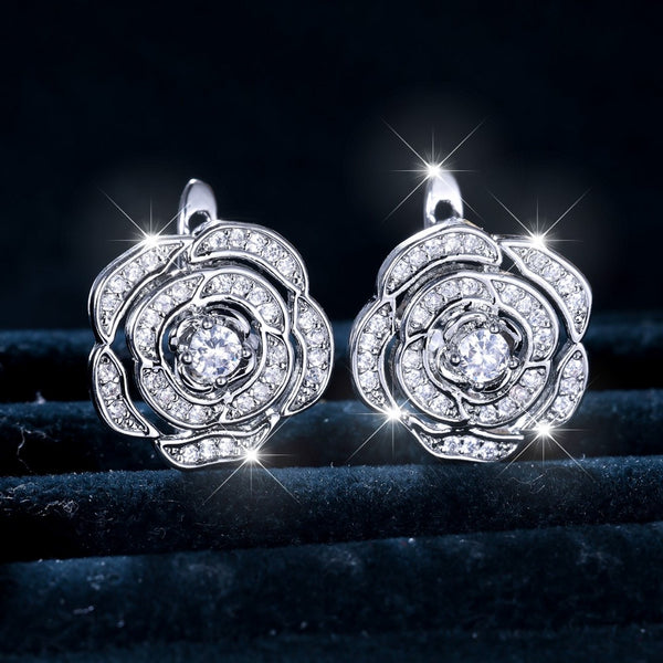 Silver-Tone All-Over White Crystal Flower Drop Earrings