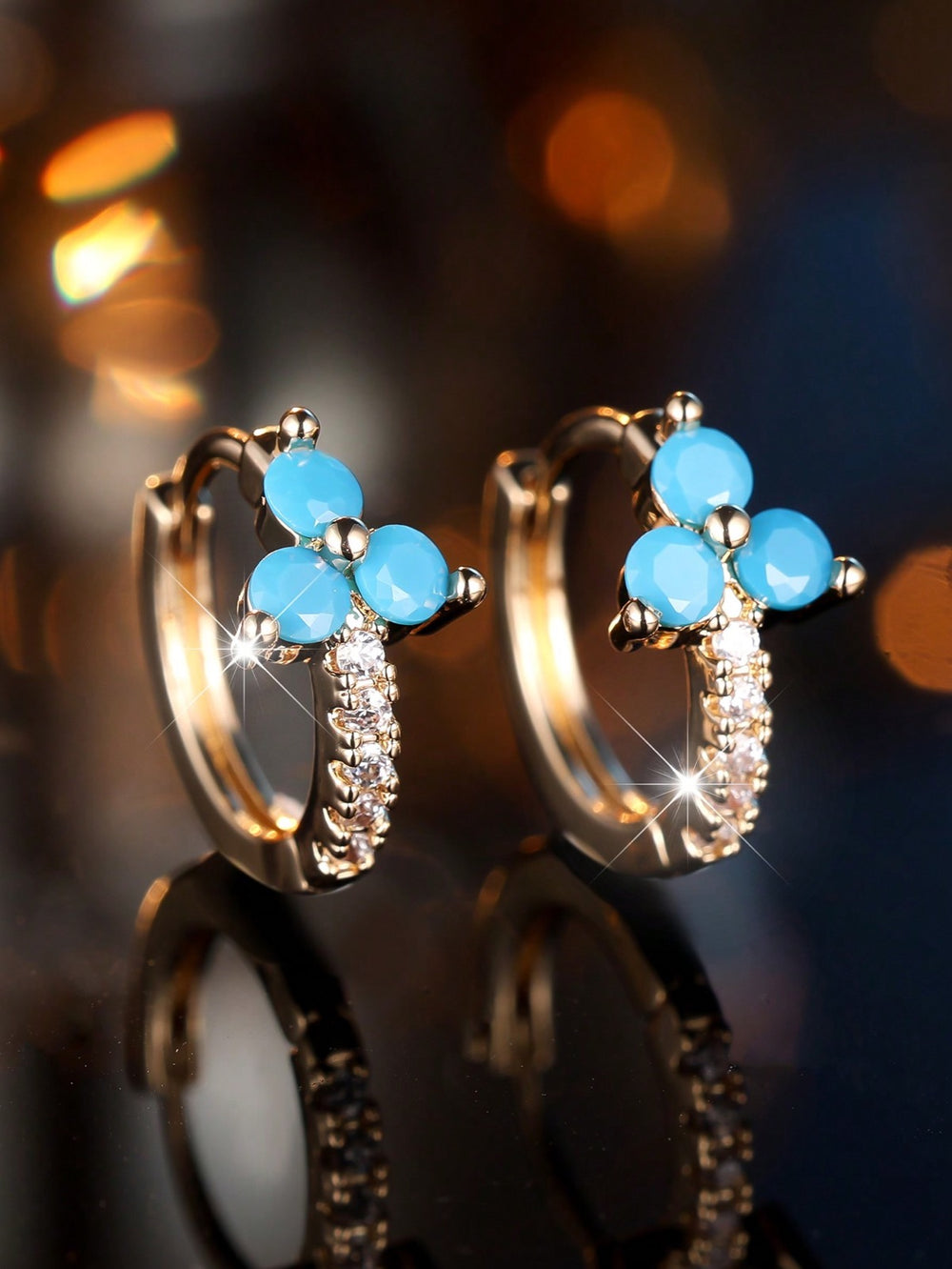 Gold-Tone Turquoise-Blue Trio & White Crystal Huggie Hoop Earrings