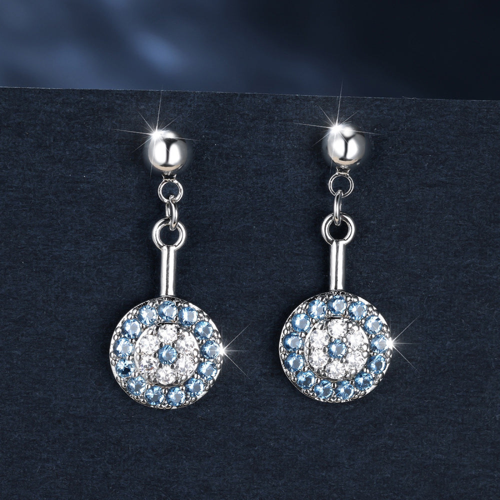 Silver-Tone Aqua Blue Crystal Round Halo Drop Earrings