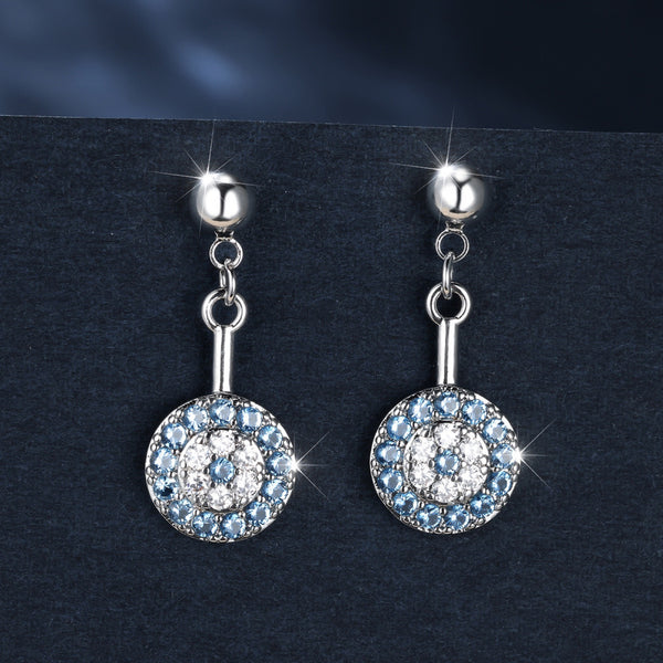 Silver-Tone Aqua Blue Crystal Round Halo Drop Earrings