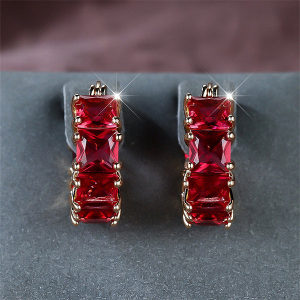 Champagne Gold-Tone Rose Red Square Crystal Huggie Hoop Earrings