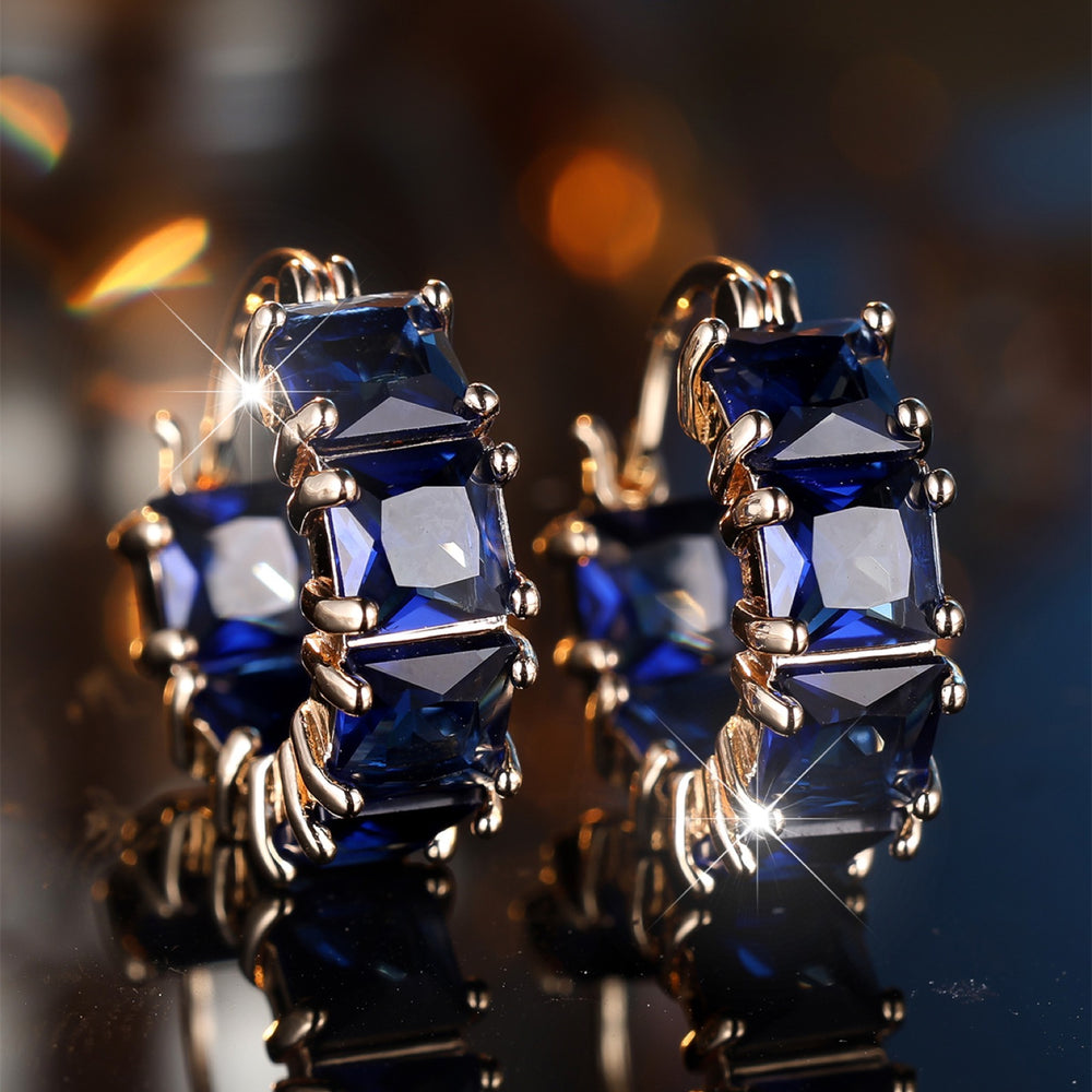 Champagne Gold-Tone Sapphire-Blue Square Crystal Hoop Earrings