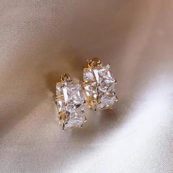 Gold-Tone Square White Crystal Chunky Huggie Hoop Earrings