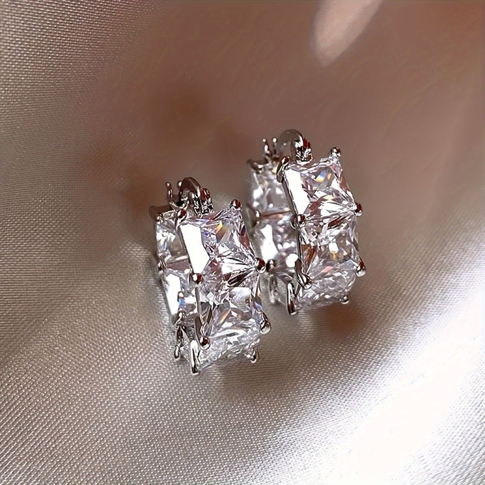 Silver-Tone Square White Crystal Chunky Huggie Earrings
