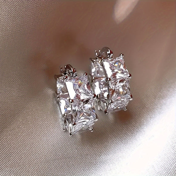 Silver-Tone Square White Crystal Chunky Huggie Earrings