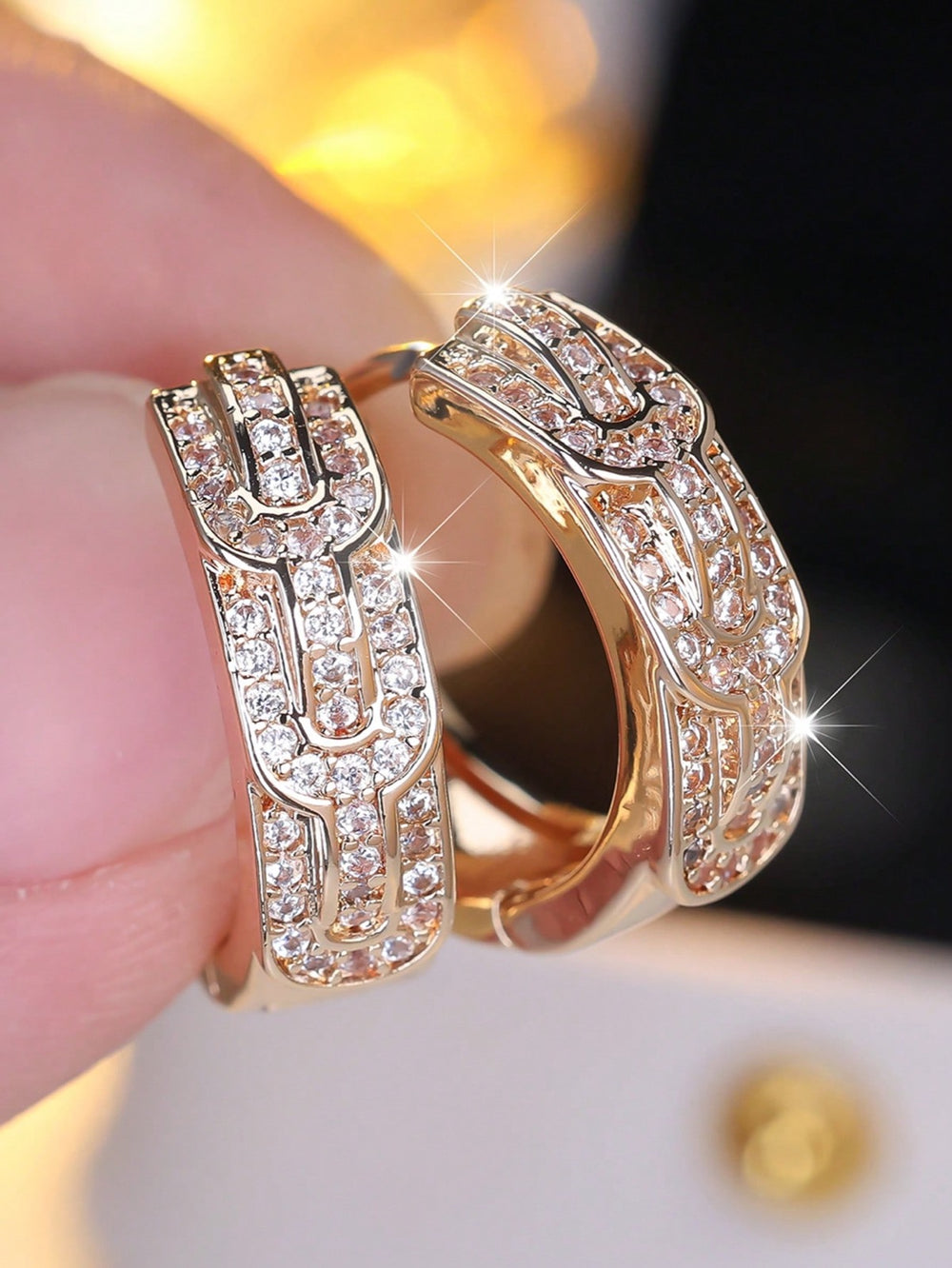 Champagne Gold-Tone White Crystal Buckle Motif Wide Hoop Earrings