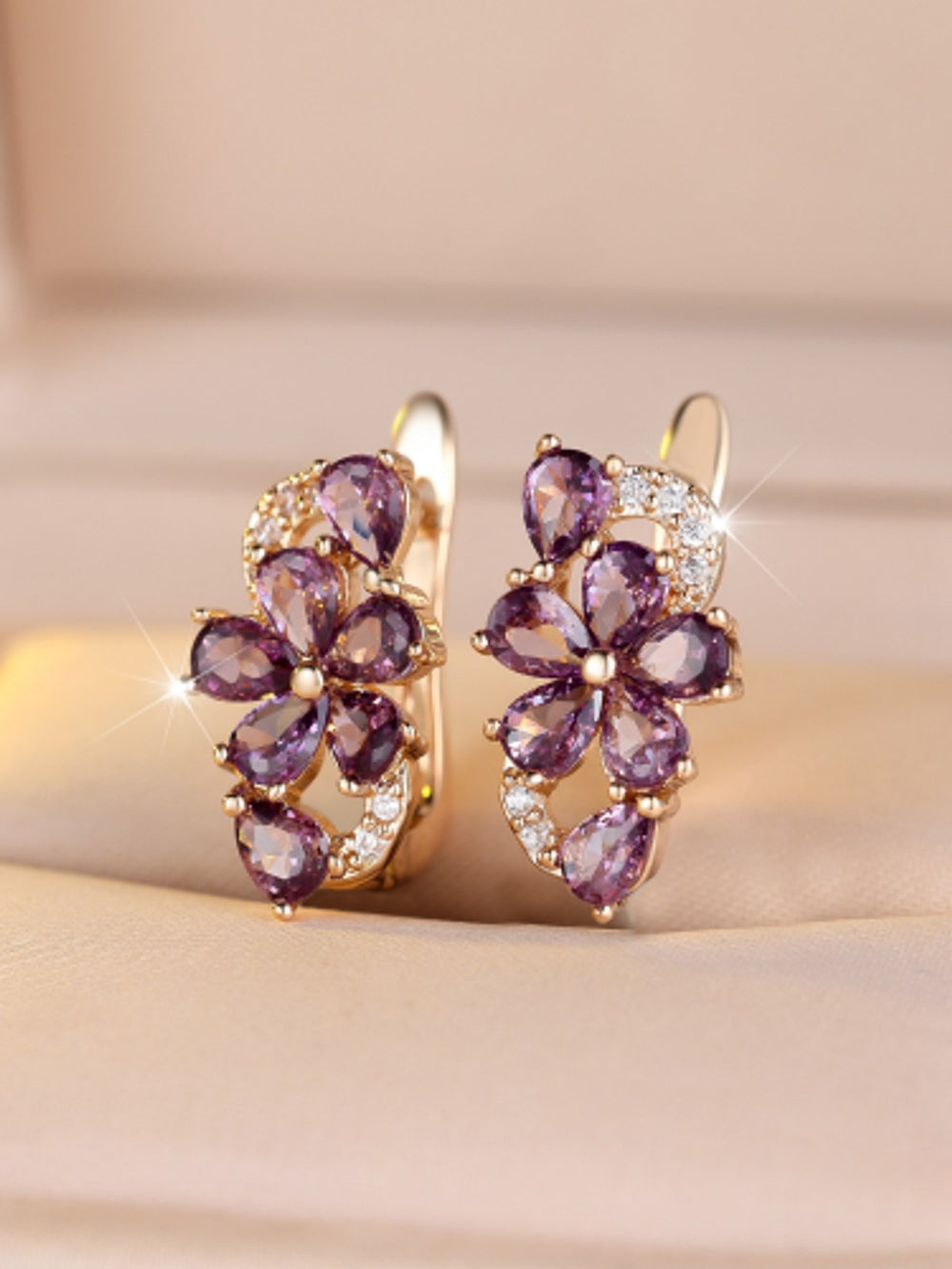 Champagne Gold-Tone Haloed Purple Teardrop Crystal Flower Huggie Earrings