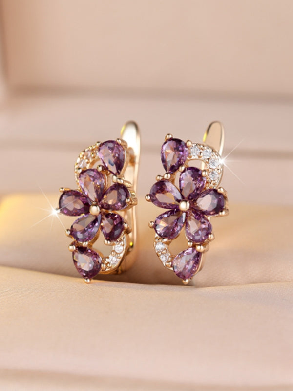 Champagne Gold-Tone Haloed Purple Teardrop Crystal Flower Huggie Earrings