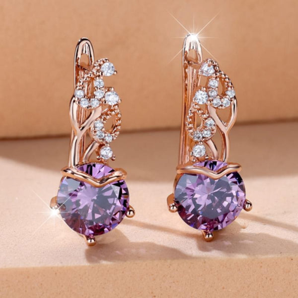 Rose Gold-Tone Purple Round Crystal Vine Pattern Huggie Earrings