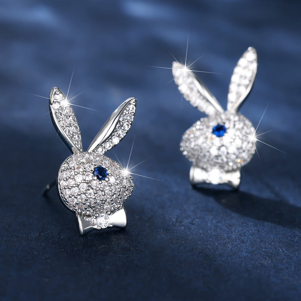 Silver-Tone White Crystal Pave Bunny Stud Earrings with Blue Eyes
