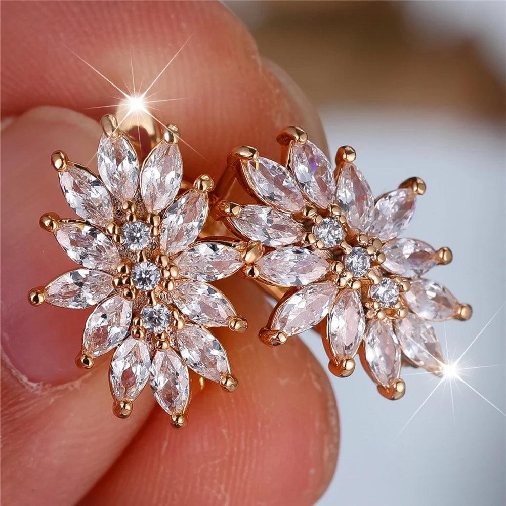 Champagne Gold-Tone White Crystal Marquise Flower Cluster Earrings