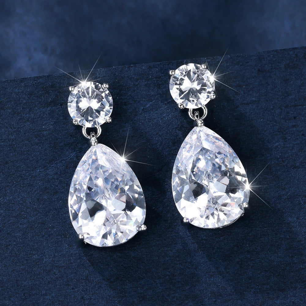 Silver-Tone White Crystal Pear Teardrop Drop Earrings