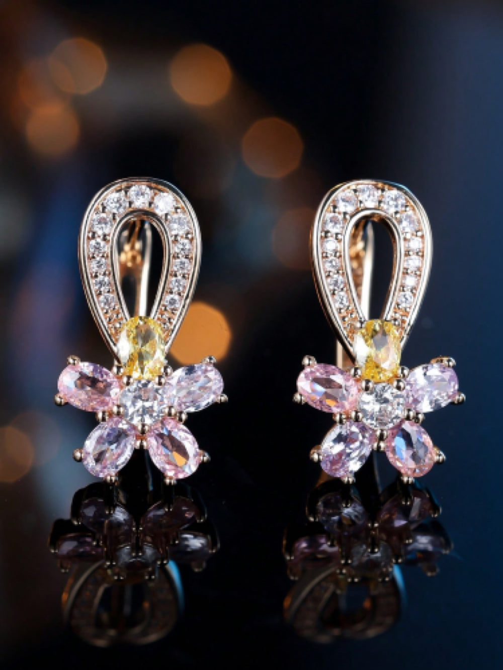 Champagne Gold-Tone Pastel Multicolor Crystal Flower Huggie Earrings
