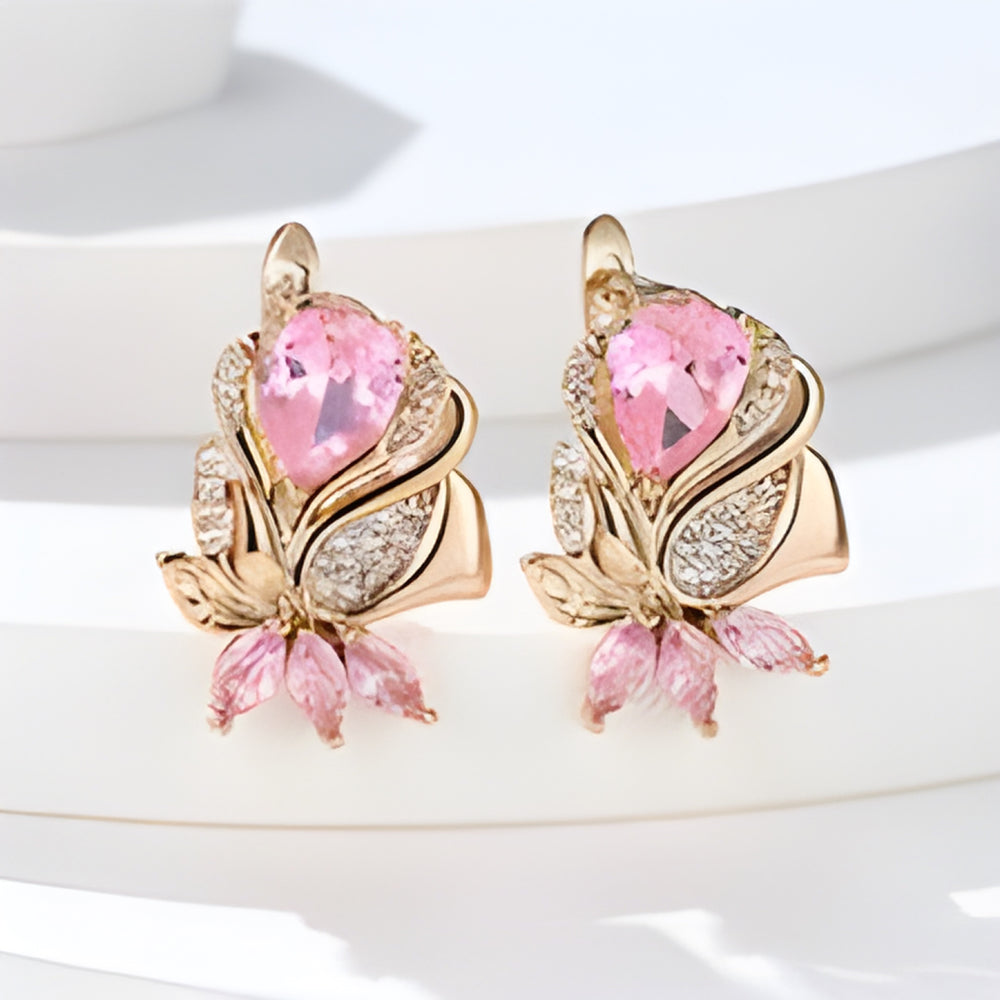 Champagne Gold-Tone Pink Teardrop Crystal Flower Huggie Earrings