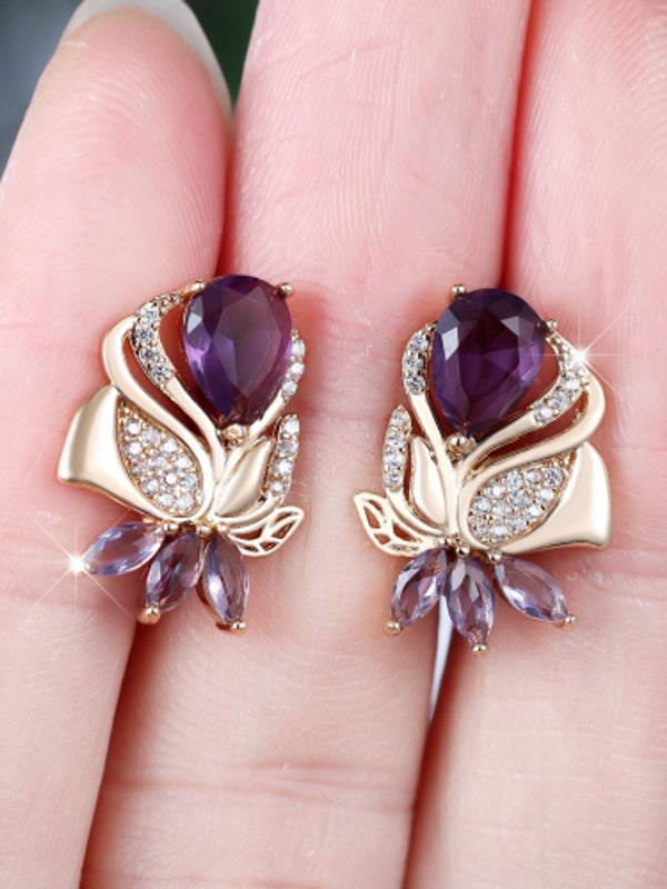 Champagne Gold-Tone Purple Teardrop Crystal Leaf Drop Earrings