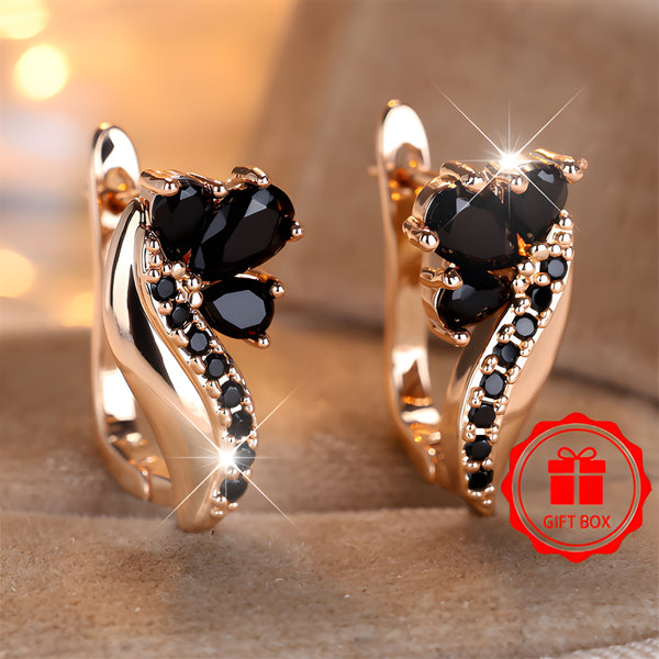 Champagne Gold-Tone Black Crystal Cluster Teardrop Huggie Earrings