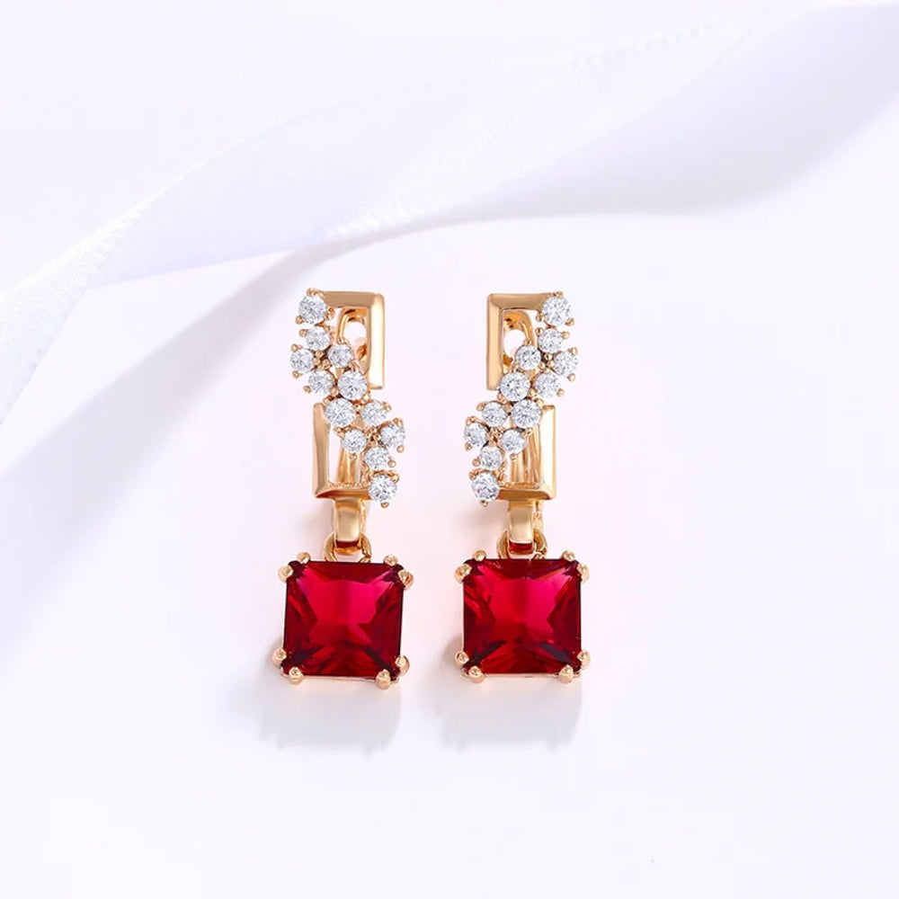 Champagne Gold-Tone Garnet-Red Square Crystal Drop Earrings