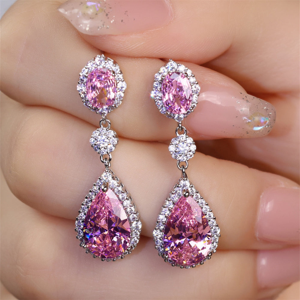 Silver-Tone Pink Crystal Oval & Teardrop Double Halo Drop Earrings