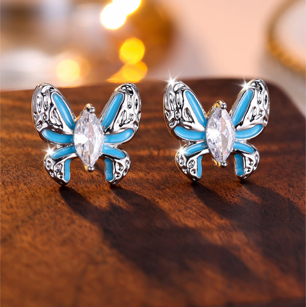 Silver-Tone Blue Enamel Butterfly Stud Earrings with Marquise Crystal