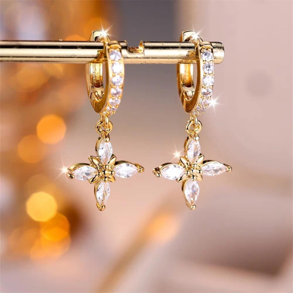 Gold-Tone White Crystal Marquise Star Flower Huggie Drop Earrings