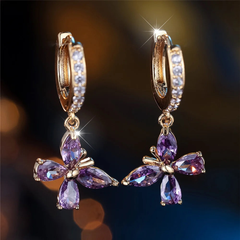Gold-Tone Purple Crystal Butterfly Charm Drop Earrings