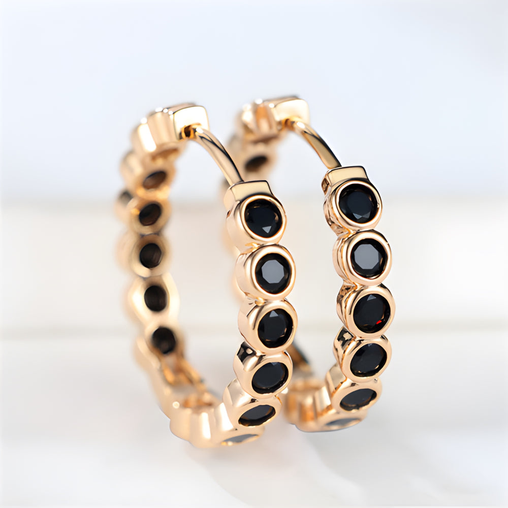 Champagne Gold-Tone Hoop Earrings With Bezel-Set Black Crystals
