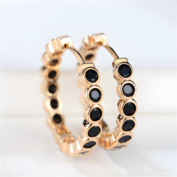Champagne Gold-Tone Hoop Earrings With Bezel-Set Black Crystals