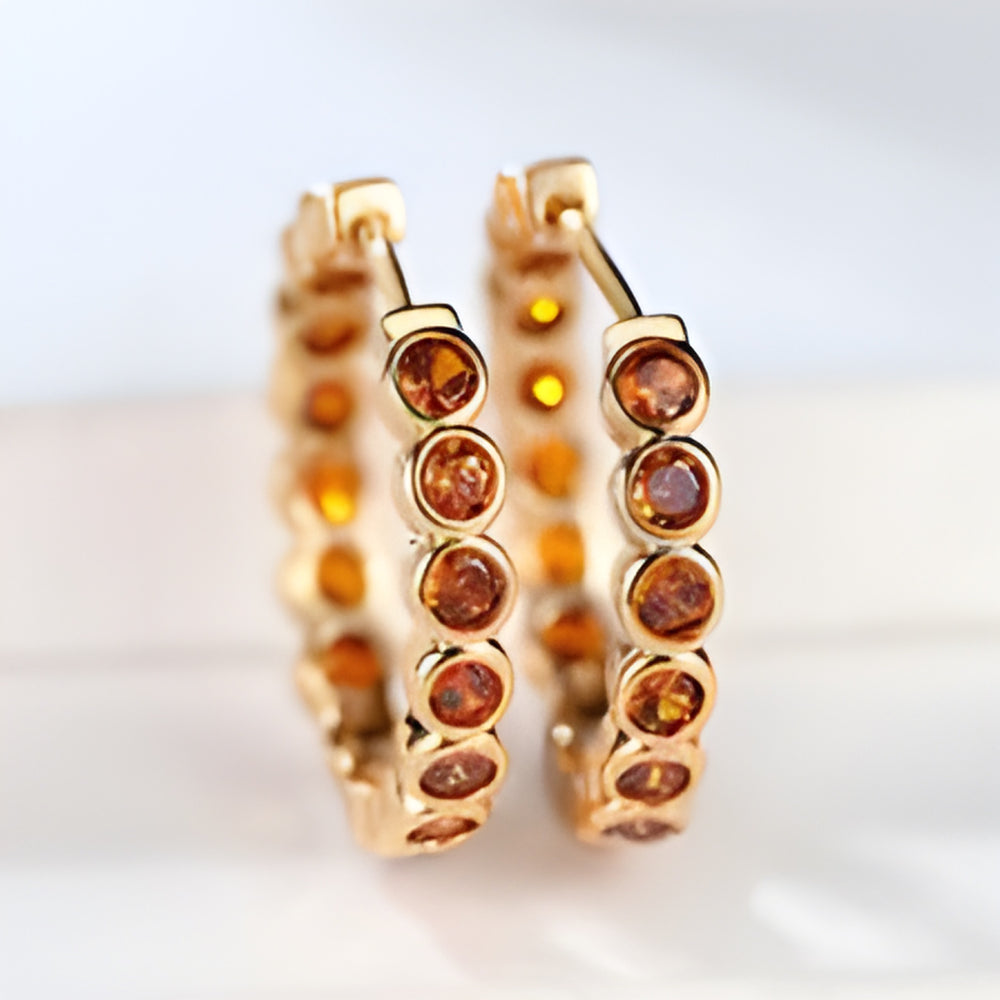 Champagne Gold-Tone Garnet-Red Crystal Bezel Hoop Earrings