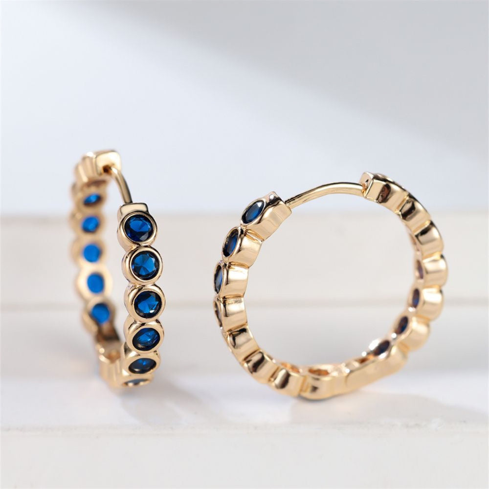 Champagne Gold-Tone Royal Blue Crystal Bezel Huggie Hoop Earrings