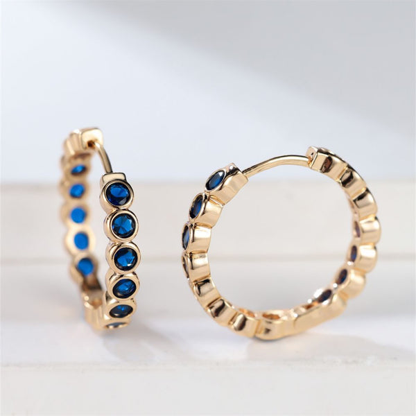Champagne Gold-Tone Royal Blue Crystal Bezel Huggie Hoop Earrings