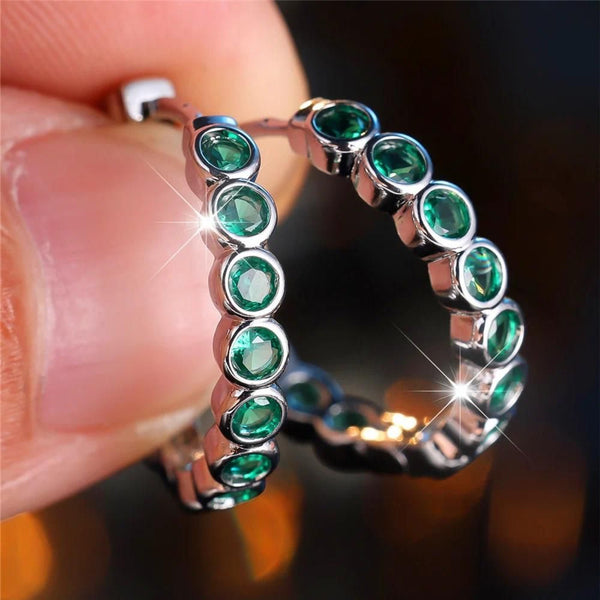 Silver-Tone Emerald Green Crystal Bezel Huggie Hoop Earrings