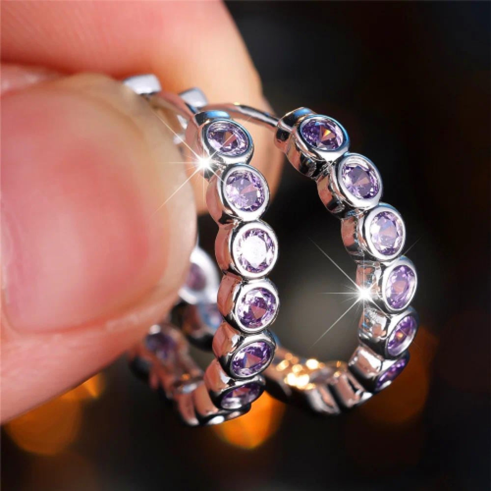 Silver-Tone Bezel-Set Lavender Purple Crystal Hoop Earrings