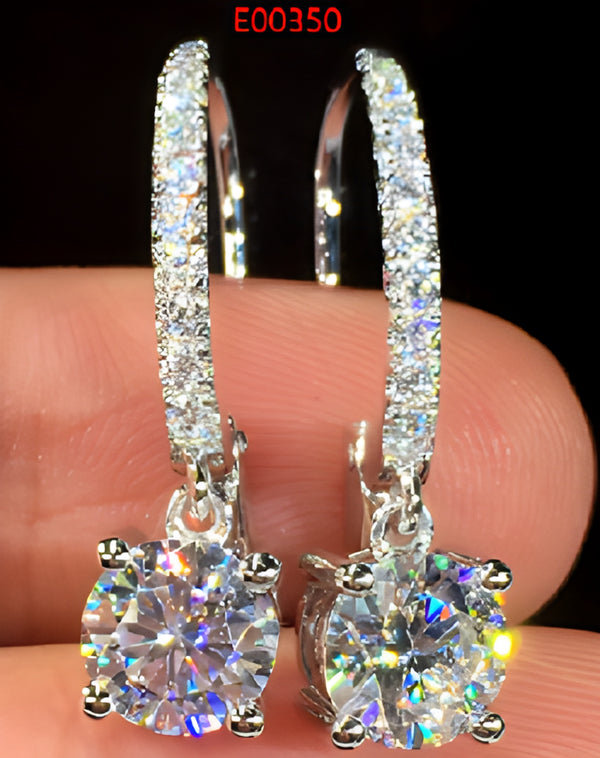 Silver-Tone White Crystal Round Solitaire Leverback Drop Earrings
